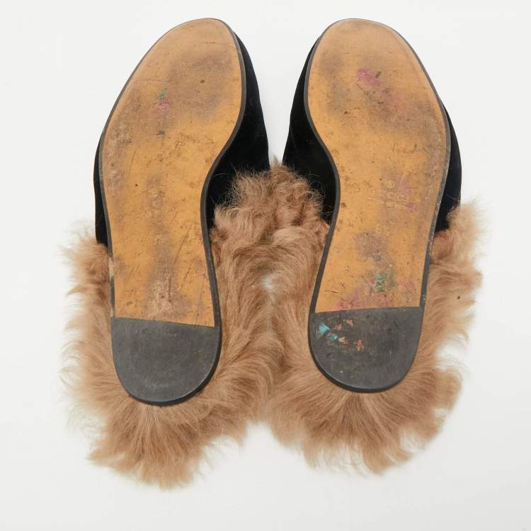 Pre Owned Gucci Black/Brown Velvet and Fur Lined Princetown Flat Mule Size 42.5