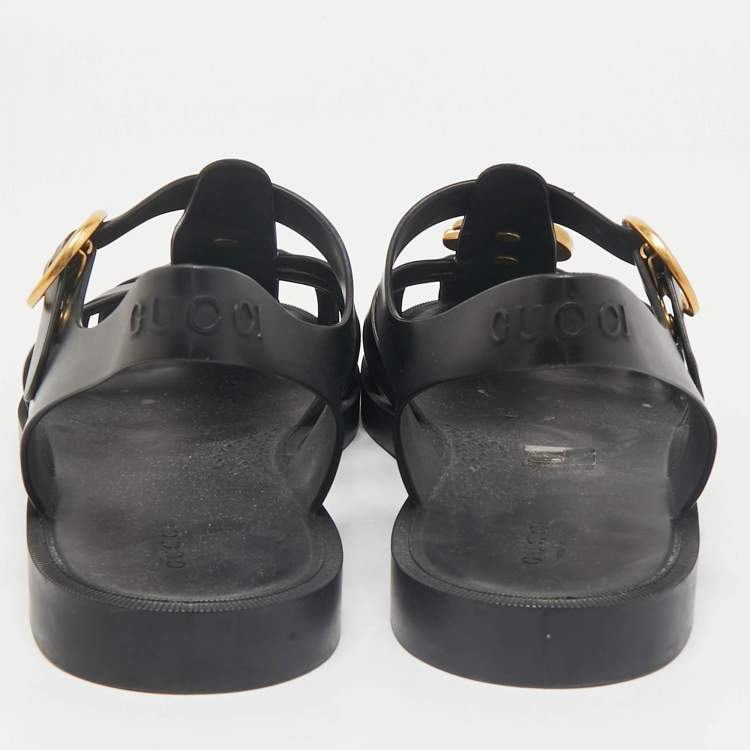 Pre Owned Gucci Black Rubber Double G Lion Head Strap Flat Sandals Size 43