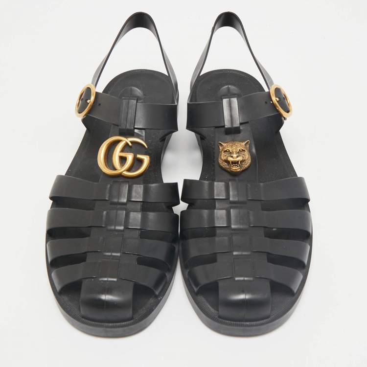 Pre Owned Gucci Black Rubber Double G Lion Head Strap Flat Sandals Size 43