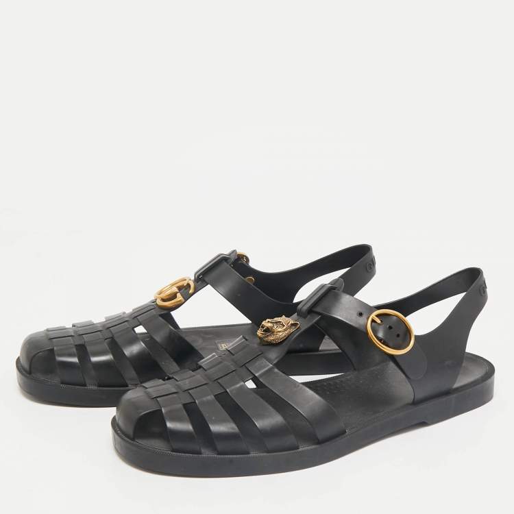 Pre Owned Gucci Black Rubber Double G Lion Head Strap Flat Sandals Size 43