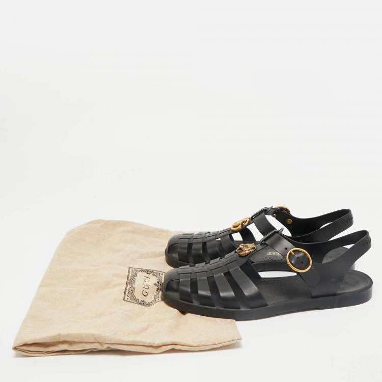 Pre Owned Gucci Black Rubber Double G Lion Head Strap Flat Sandals Size 43