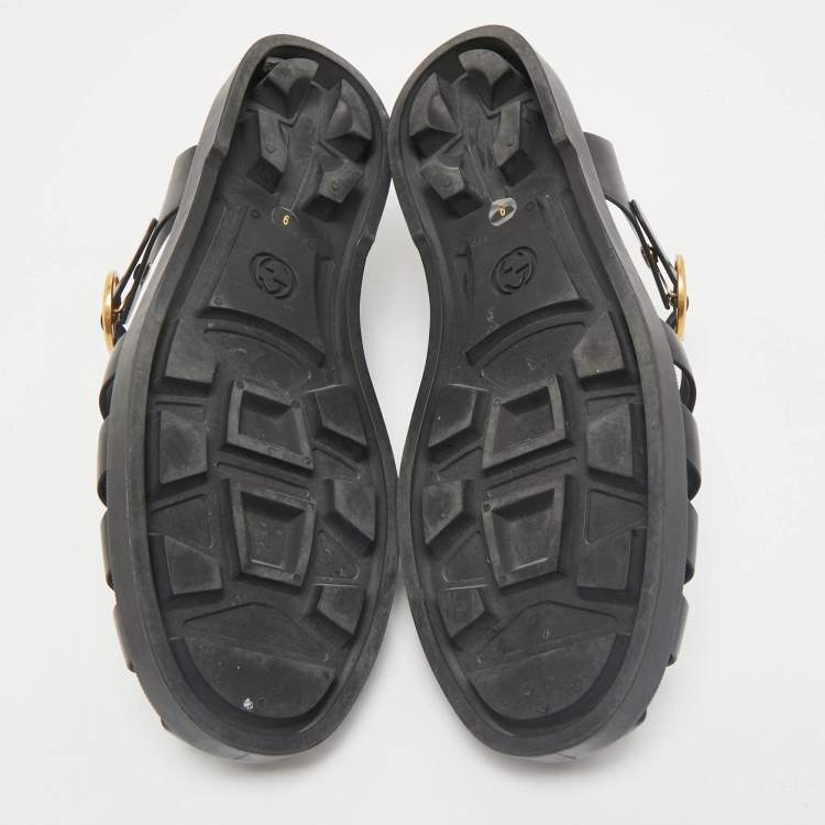 Pre Owned Gucci Black Rubber Double G Lion Head Strap Flat Sandals Size 43