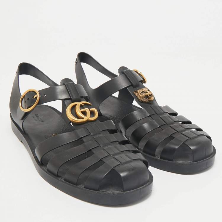 Pre Owned Gucci Black Rubber Double G Lion Head Strap Flat Sandals Size 43