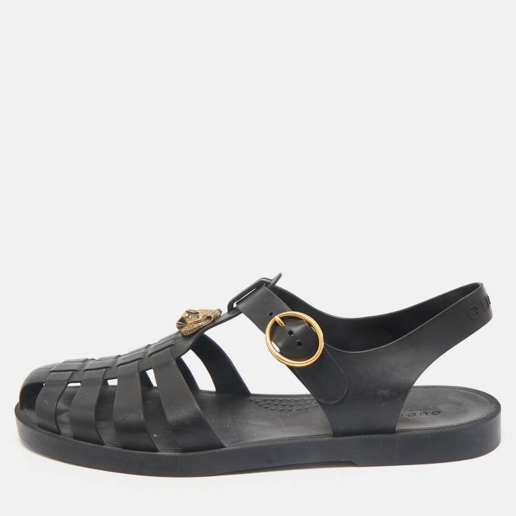 Pre Owned Gucci Black Rubber Double G Lion Head Strap Flat Sandals Size 43