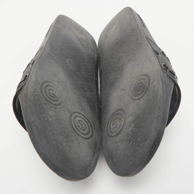 Pre Owned Gucci Black Rubber GG Laser Cut Pool Slide Sandals Size 44