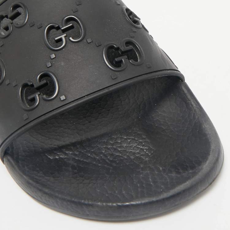 Pre Owned Gucci Black Rubber GG Laser Cut Pool Slide Sandals Size 44