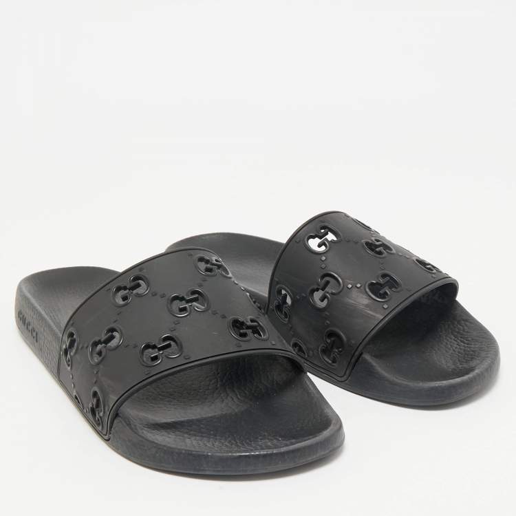 Pre Owned Gucci Black Rubber GG Laser Cut Pool Slide Sandals Size 44