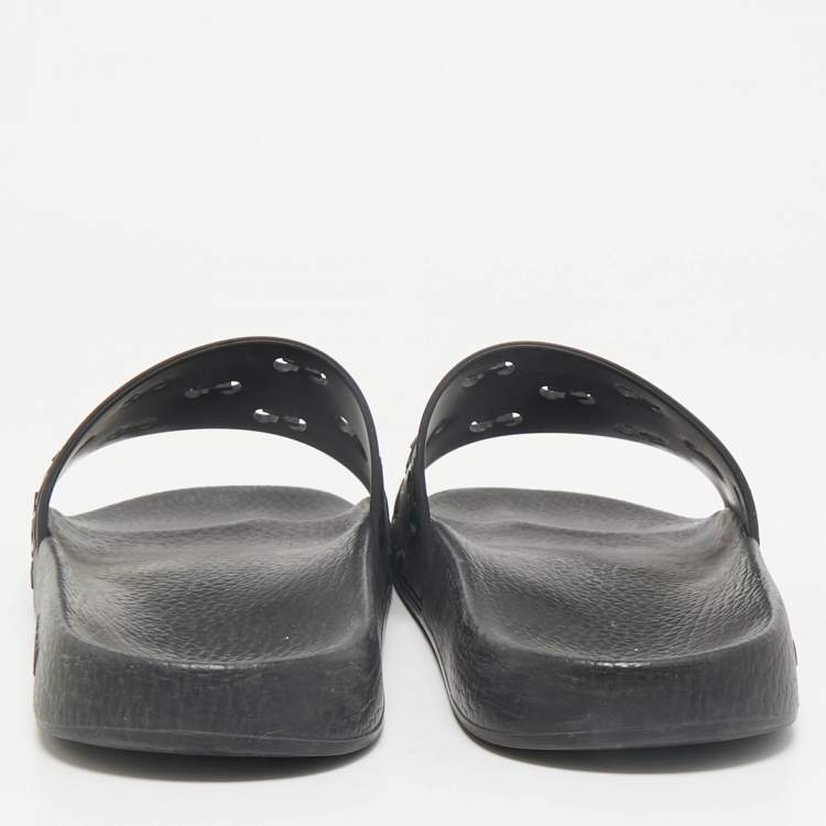 Pre Owned Gucci Black Rubber GG Laser Cut Pool Slide Sandals Size 44
