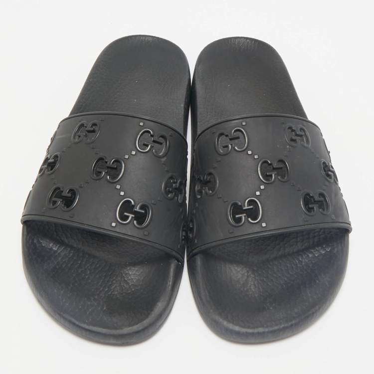 Pre Owned Gucci Black Rubber GG Laser Cut Pool Slide Sandals Size 44