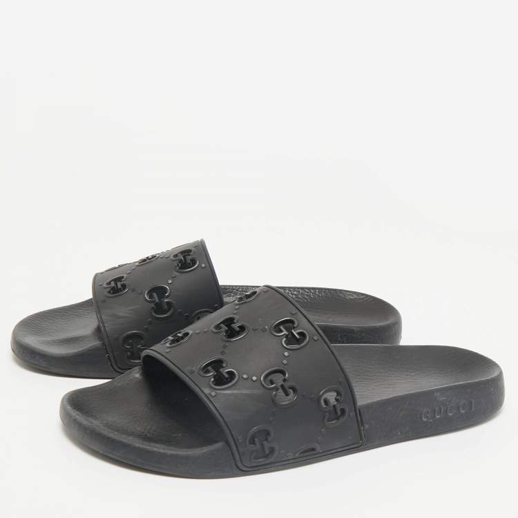 Pre Owned Gucci Black Rubber GG Laser Cut Pool Slide Sandals Size 44
