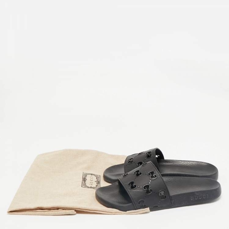 Pre Owned Gucci Black Rubber GG Laser Cut Pool Slide Sandals Size 44