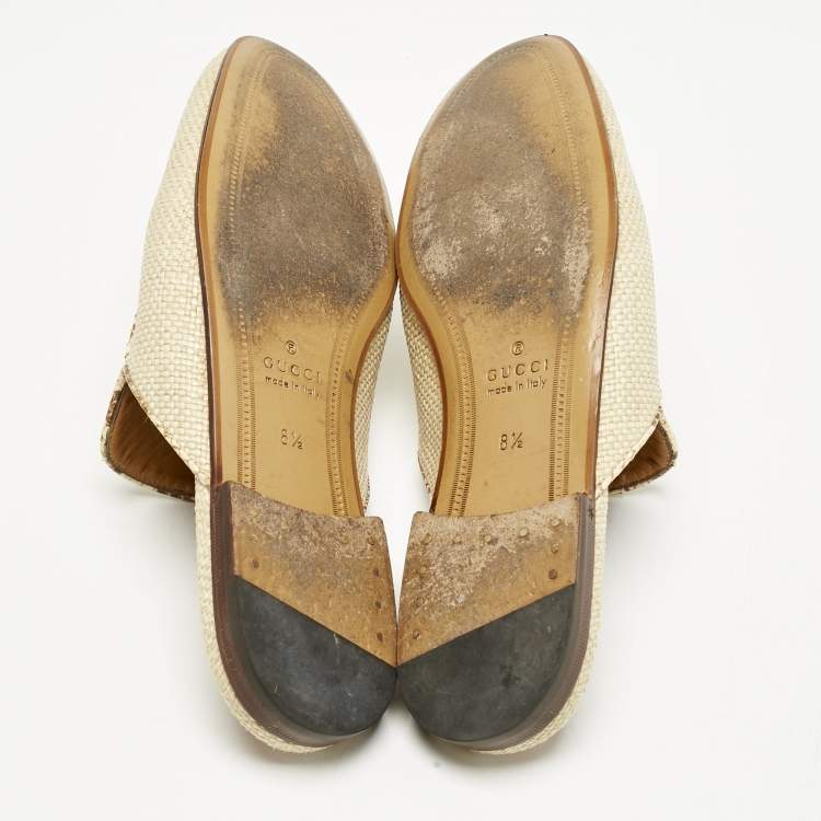 Pre Owned Gucci Beige Raffia and Snakeskin Leather Princetown Flat Mules Size 42.5