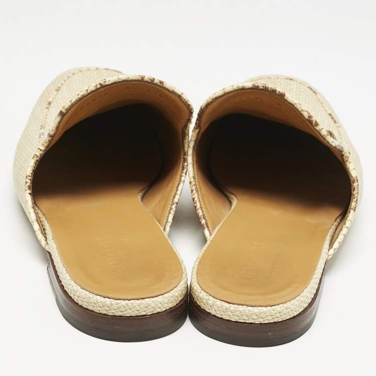 Pre Owned Gucci Beige Raffia and Snakeskin Leather Princetown Flat Mules Size 42.5