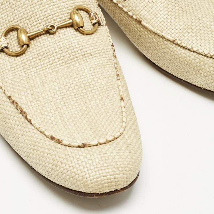 Pre Owned Gucci Beige Raffia and Snakeskin Leather Princetown Flat Mules Size 42.5