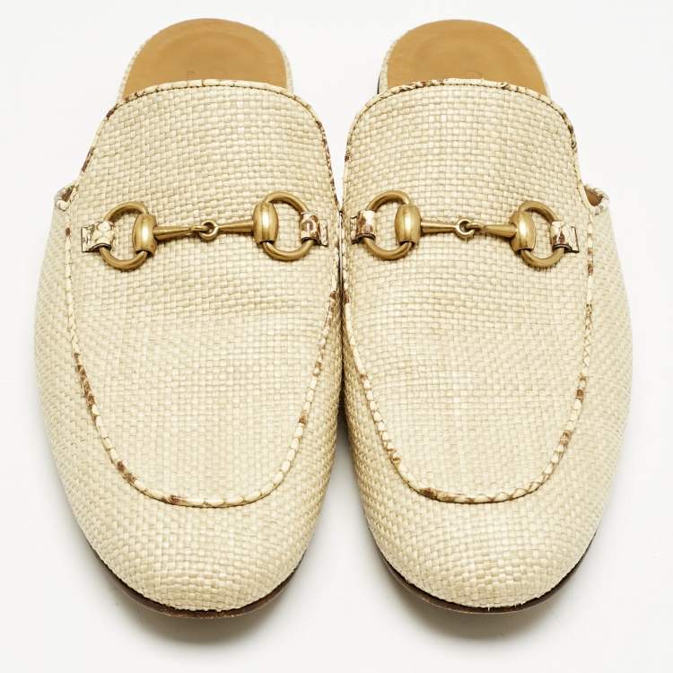 Pre Owned Gucci Beige Raffia and Snakeskin Leather Princetown Flat Mules Size 42.5