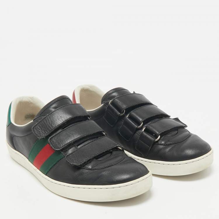 Pre Owned Gucci Black Leather Web Low Top Velcro Sneakers Size 43