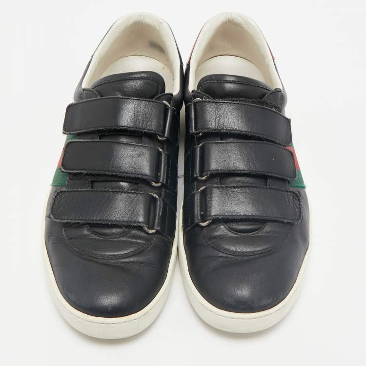 Pre Owned Gucci Black Leather Web Low Top Velcro Sneakers Size 43