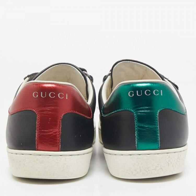 Pre Owned Gucci Black Leather Web Low Top Velcro Sneakers Size 43