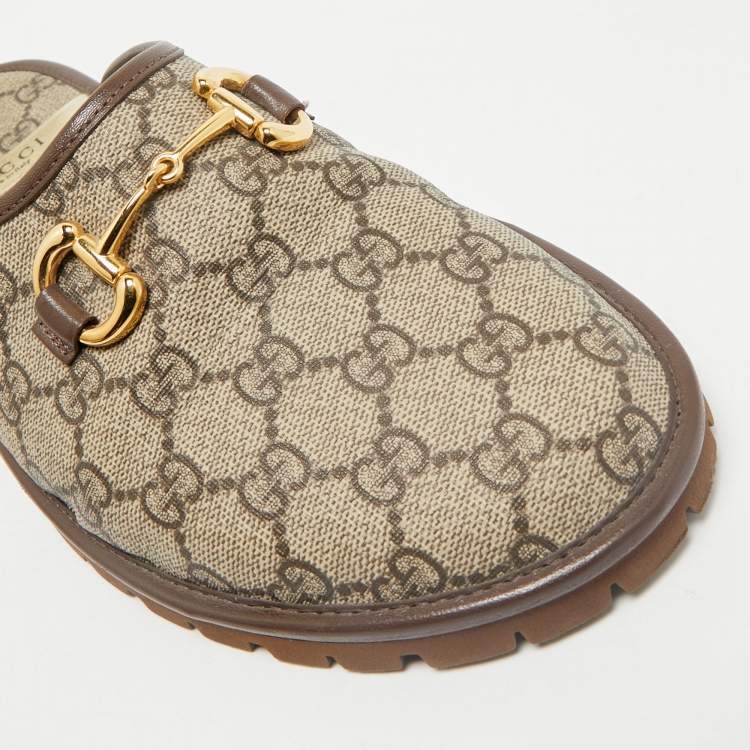 Pre Owned Gucci Beige/Brown GG Supreme Canvas and Leather Flat Mules Size 42.5