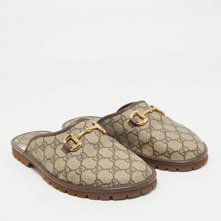 Pre Owned Gucci Beige/Brown GG Supreme Canvas and Leather Flat Mules Size 42.5