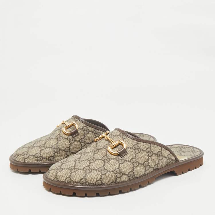 Pre Owned Gucci Beige/Brown GG Supreme Canvas and Leather Flat Mules Size 42.5