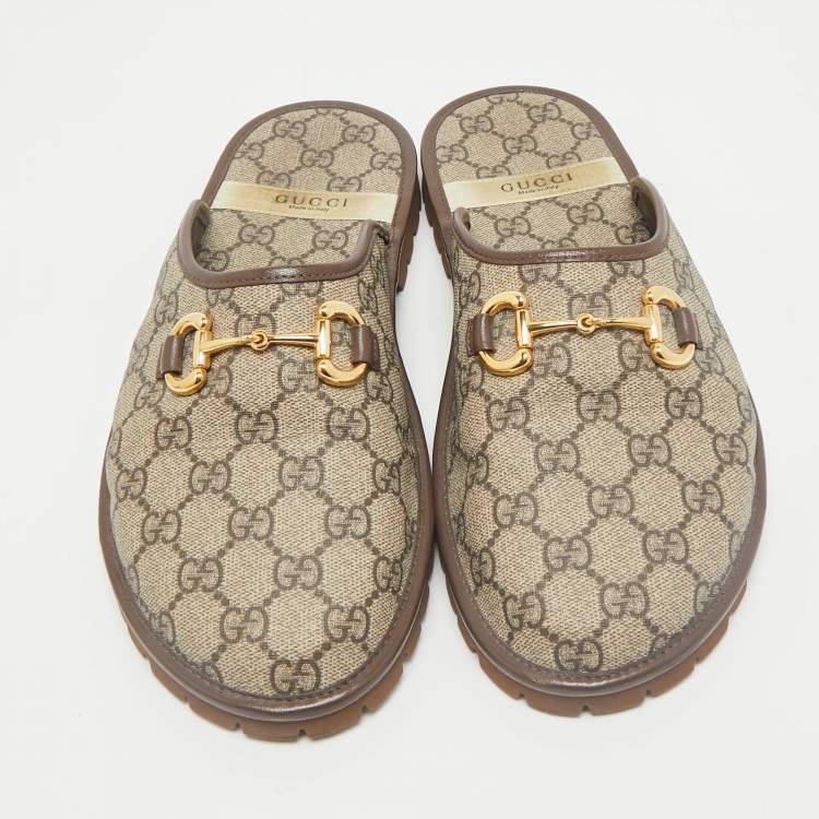 Pre Owned Gucci Beige/Brown GG Supreme Canvas and Leather Flat Mules Size 42.5