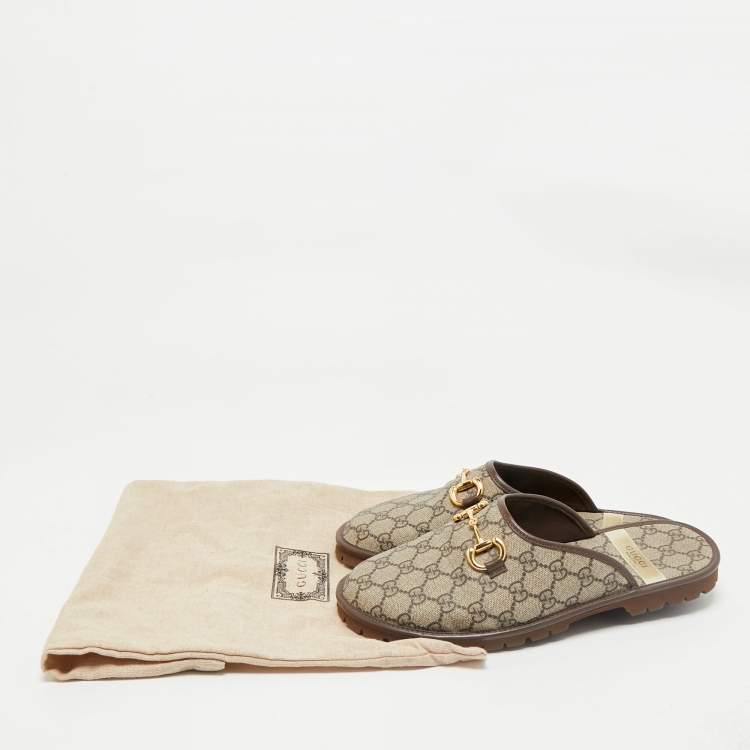 Pre Owned Gucci Beige/Brown GG Supreme Canvas and Leather Flat Mules Size 42.5