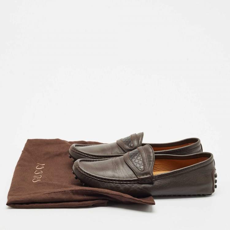 Pre Owned Gucci Dark Brown Leather Guccissima Slip on Loafers Size 40
