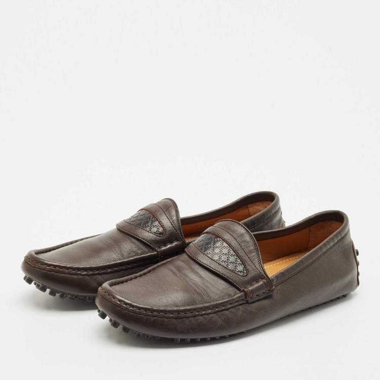 Pre Owned Gucci Dark Brown Leather Guccissima Slip on Loafers Size 40