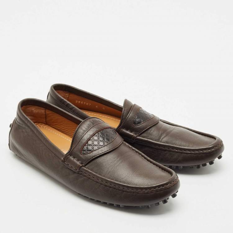 Pre Owned Gucci Dark Brown Leather Guccissima Slip on Loafers Size 40