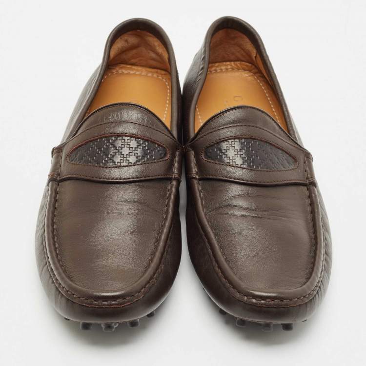 Pre Owned Gucci Dark Brown Leather Guccissima Slip on Loafers Size 40