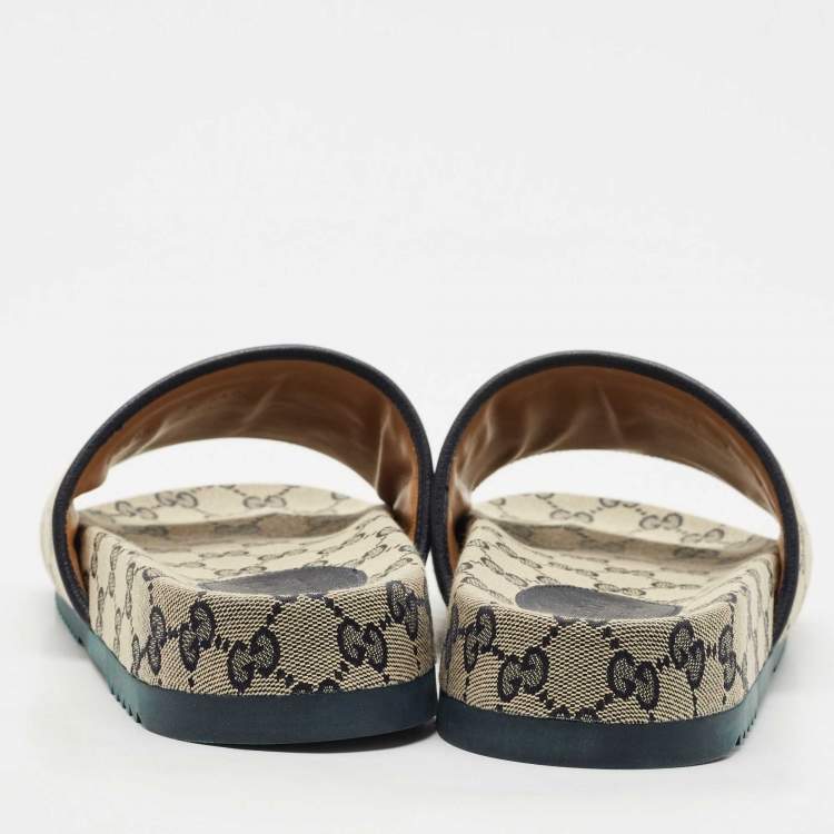 Pre Owned Gucci Navy Blue/Grey GG Canvas Flat Slide Sandals Size 43