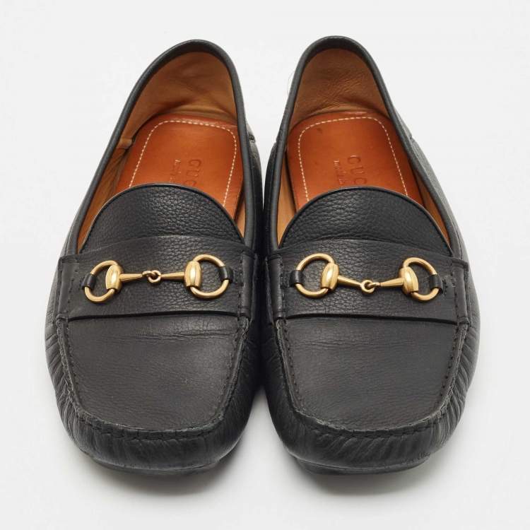 Pre Owned Gucci Black Leather Horsebit Foldable Loafers Size 44.5