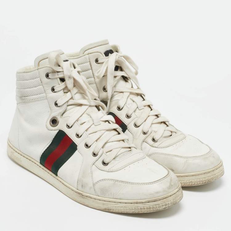 Pre Owned Gucci White Leather Web Detail High Top Sneakers Size 45