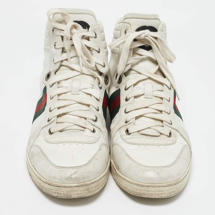 Pre Owned Gucci White Leather Web Detail High Top Sneakers Size 45