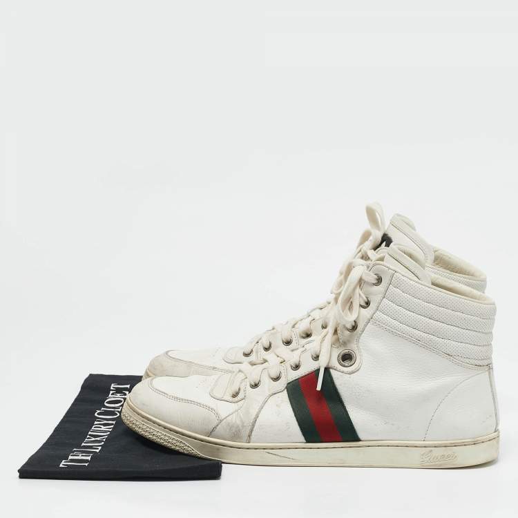 Pre Owned Gucci White Leather Web Detail High Top Sneakers Size 45