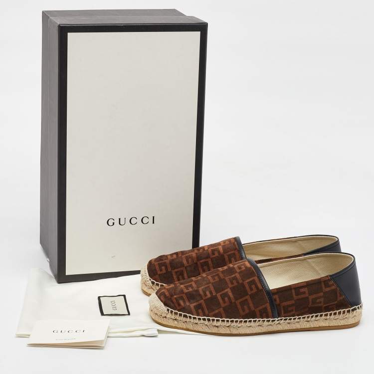 Pre Owned Gucci Dark Brown/Black G Cube Suede and Leather Slip On Espadrille Flats Size 43.5