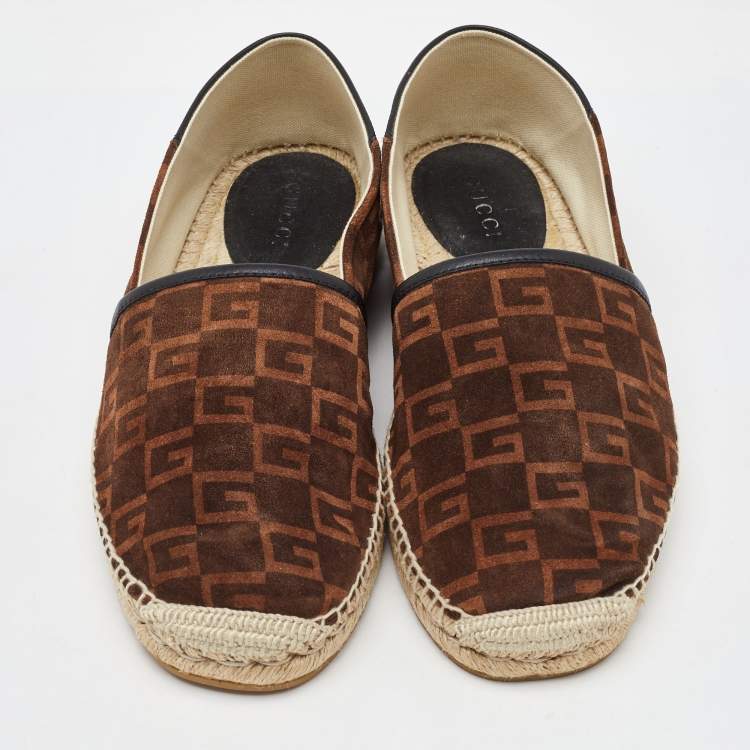 Pre Owned Gucci Dark Brown/Black G Cube Suede and Leather Slip On Espadrille Flats Size 43.5