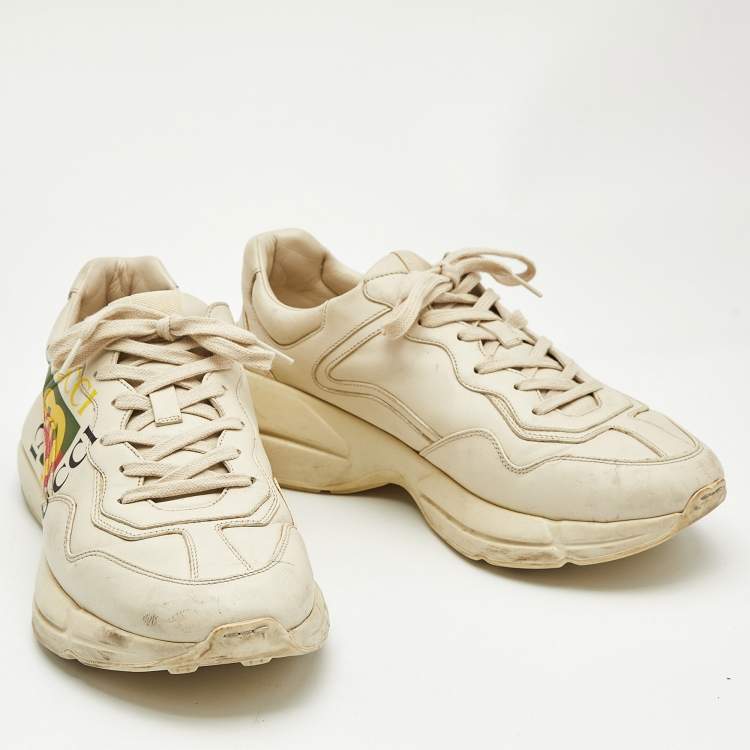 Pre Owned Gucci Cream Leather Rhyton GG Logo Platform Sneakers Size 44.5