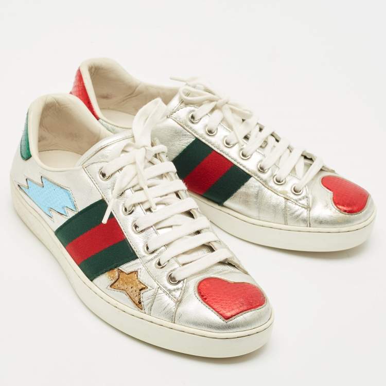 Pre Owned Gucci Silver Leather and Python Embossed Leather Ace Lace Up Sneakers Size 39.5