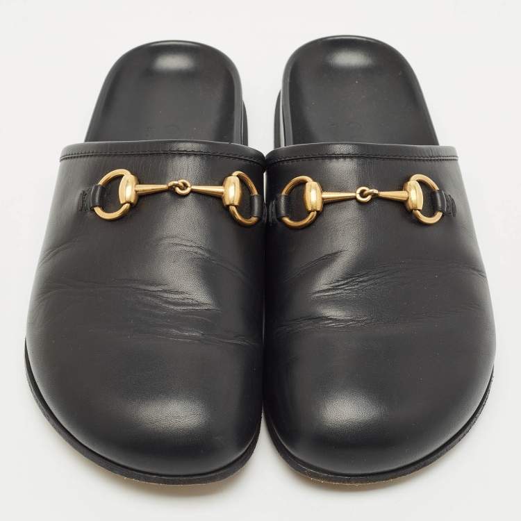 Pre Owned Gucci Black Leather Horsebit Princetown Flat Mules Size 39.5