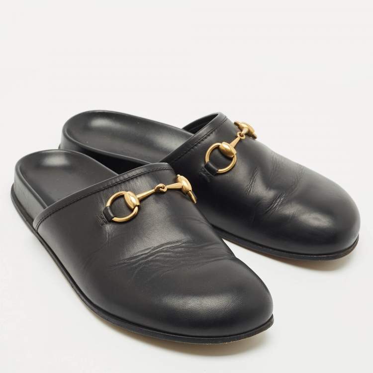 Pre Owned Gucci Black Leather Horsebit Princetown Flat Mules Size 39.5