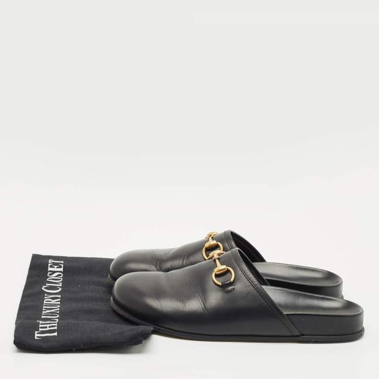 Pre Owned Gucci Black Leather Horsebit Princetown Flat Mules Size 39.5