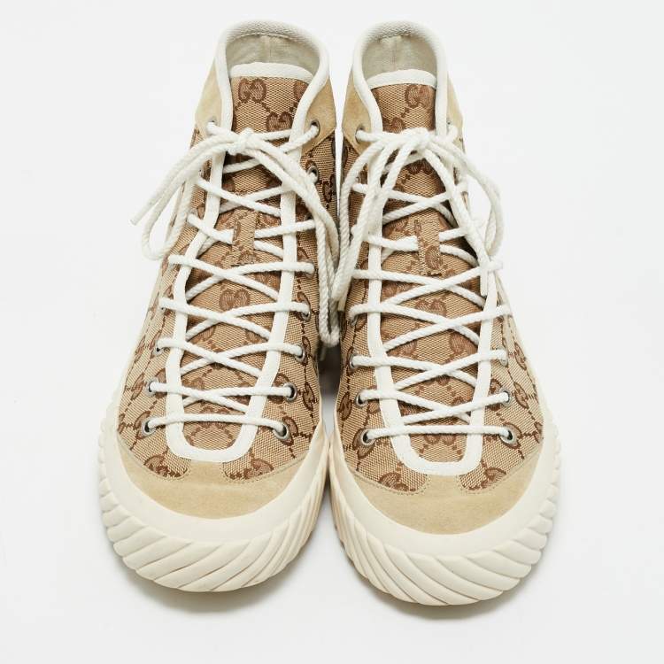 Pre Owned Gucci Beige/Brown GG Canvas and Suede Tortuga High Top Sneakers Size 42