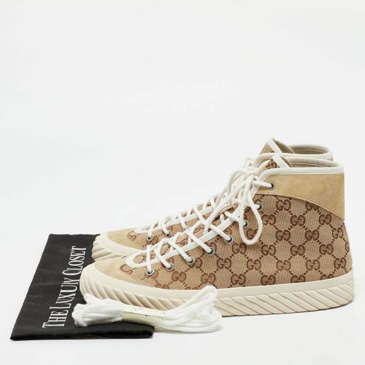 Pre Owned Gucci Beige/Brown GG Canvas and Suede Tortuga High Top Sneakers Size 42