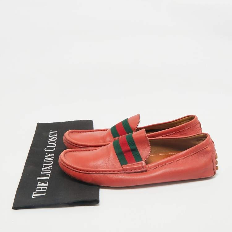 Pre Owned Gucci Red Leather Web Slip On Loafers Size 42