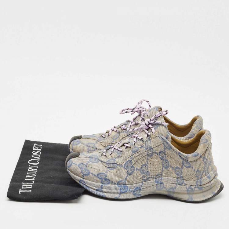 Pre Owned Gucci Beige/Blue GG Printed Leather Run Sneakers Size 41.5