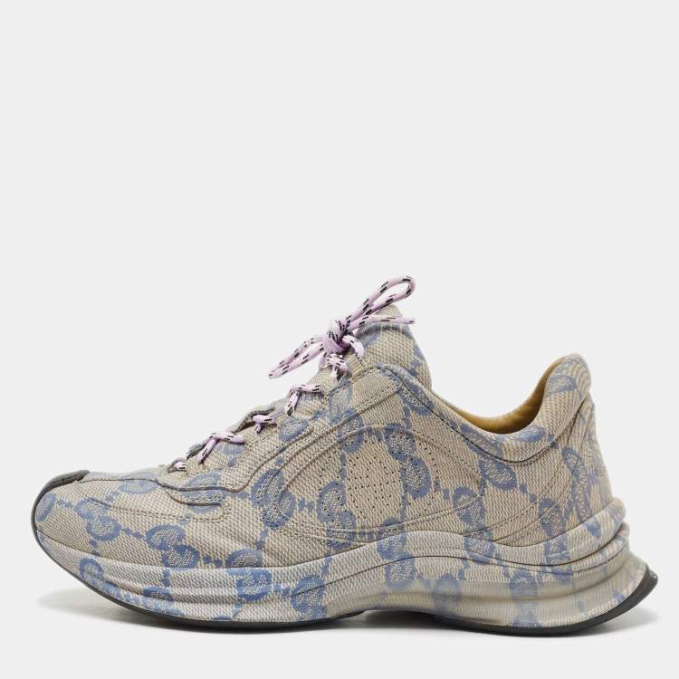 Pre Owned Gucci Beige/Blue GG Printed Leather Run Sneakers Size 41.5