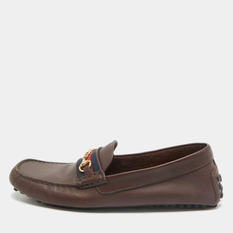 Pre Owned Gucci Dark Brown Leather GG Horsebit Web Detail Slip On Loafers Size 42