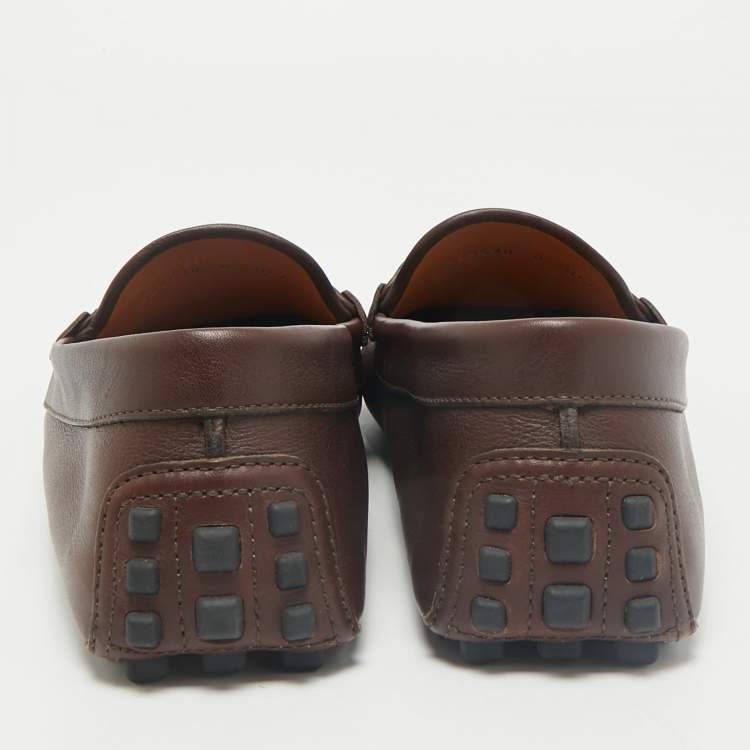 Pre Owned Gucci Dark Brown Leather GG Horsebit Web Detail Slip On Loafers Size 42